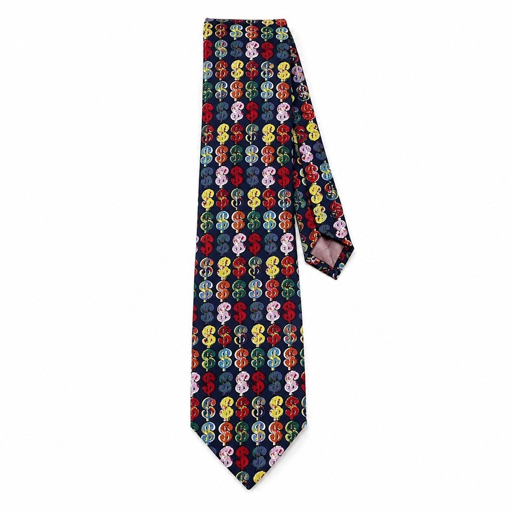 Andy Warhol Foundation 1998 Dollar Sign Silk Tie Navy Blue Pop Art Money Print
